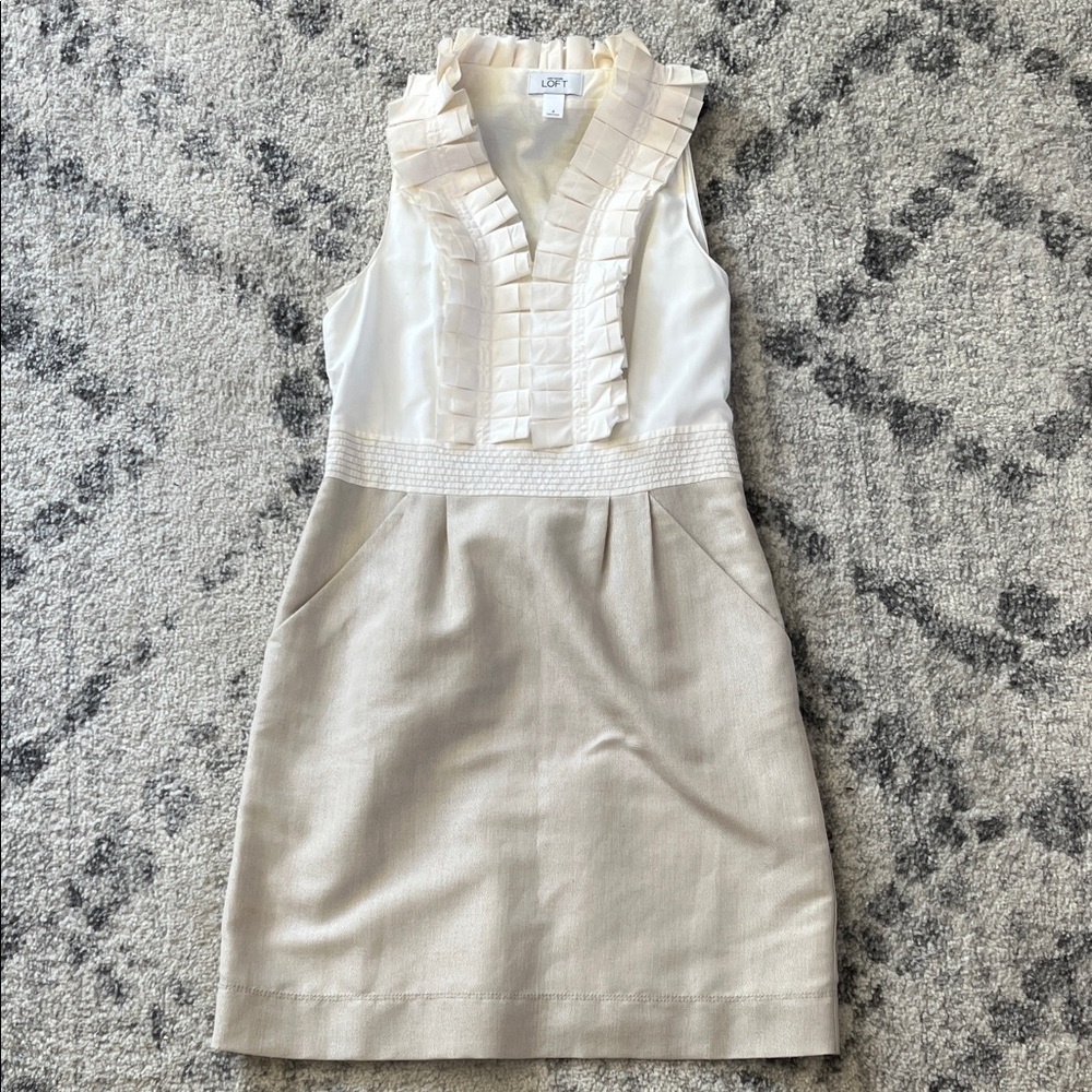 LOFT White and Tan Ruffle Mini Dress